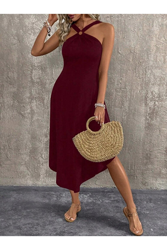 Kadın Boyundan çapraz Askılı Halka Detaylı Asimetrik Kesim Viskon Elbise