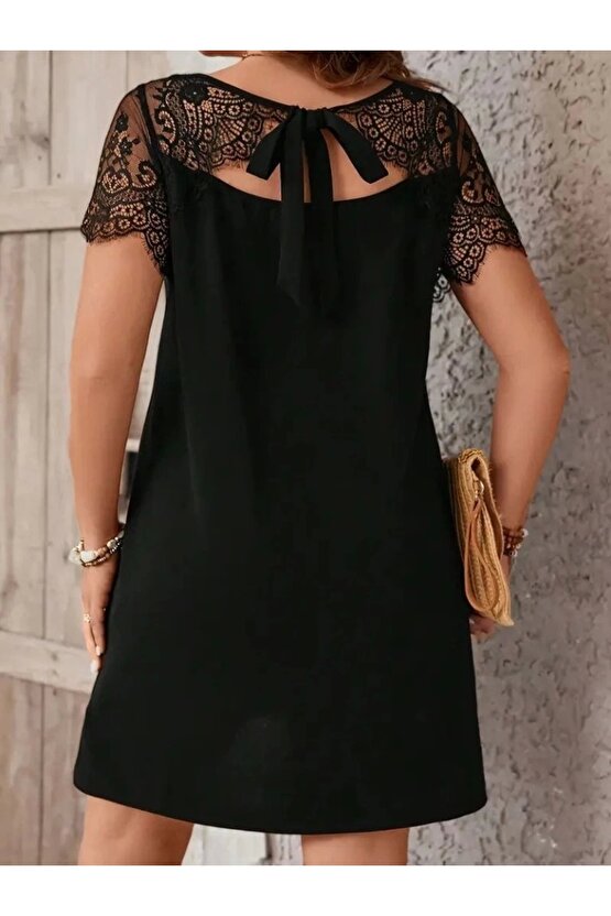 Kadın Kısa Kollu Dantel Bisiklet Yaka Ve Kol Dantel Detaylı Janjan Krep Elbise