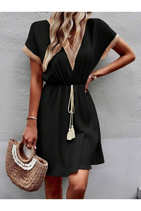 Kadın Kısa Kollu V Yakalı Belinde Bağcıklı Viskon Elbise