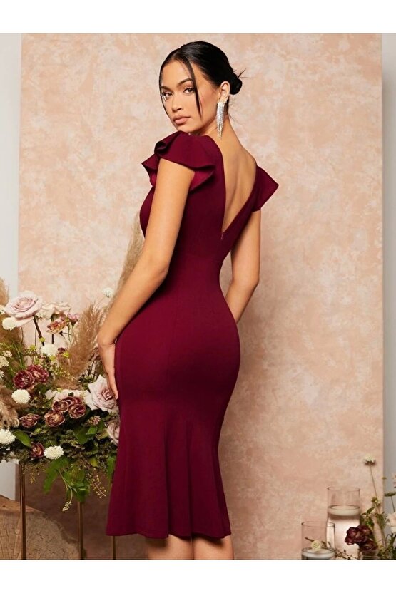 EQURİ Kadın Kısa Kelebek Kollu Kruvaze Yaka Ithal Krep Midi Elbise