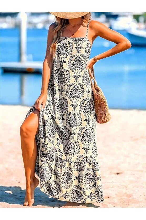 EQURİ Kadın Ip Askılı Desenli Fırfırlı Süprem Elbise