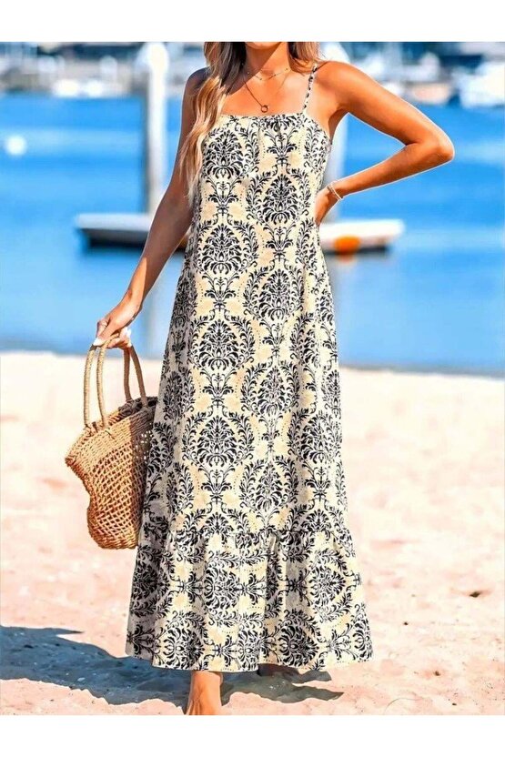 EQURİ Kadın Ip Askılı Desenli Fırfırlı Süprem Elbise