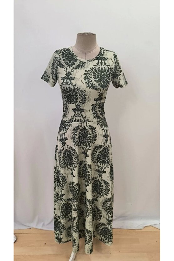 Kadın Kısa Kollu Bisiklet Yaka Puantiyeli Maksi örme Krep Elbise