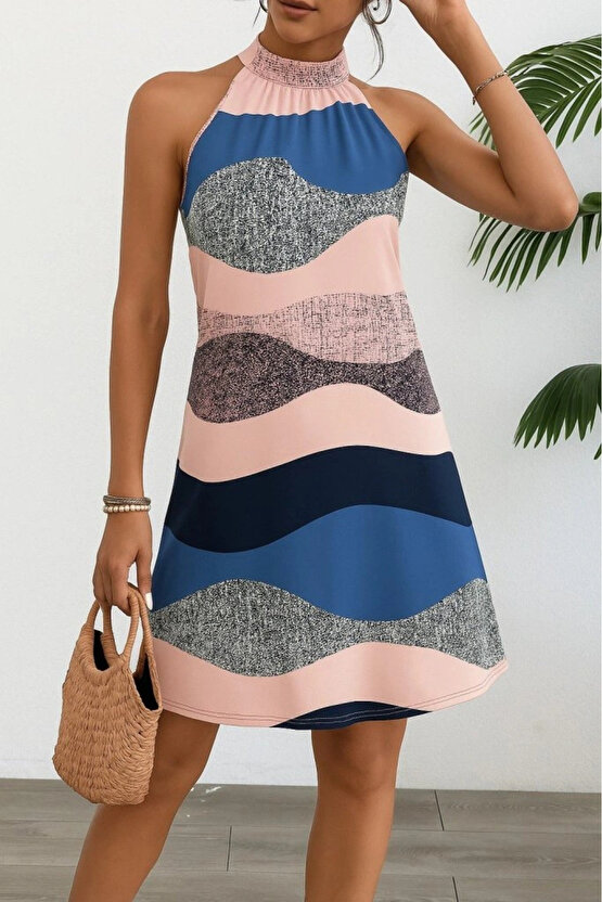 Kadın Kolsuz Boyundan Askılı Desenli Midi Süprem Elbise