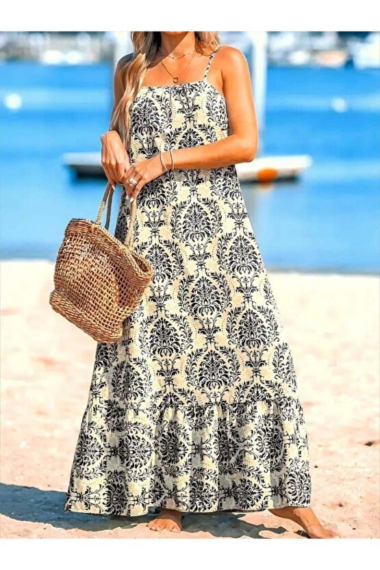 EQURİ Kadın Ip Askılı Desenli Fırfırlı Süprem Elbise