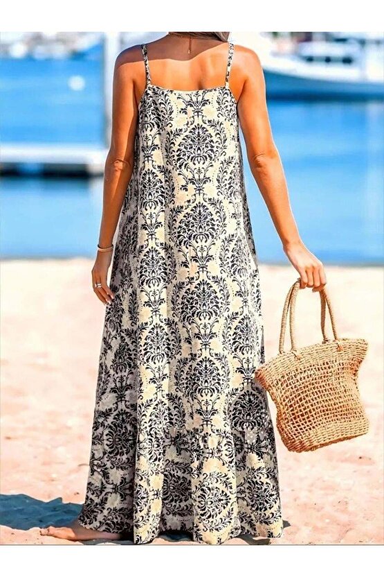 EQURİ Kadın Ip Askılı Desenli Fırfırlı Süprem Elbise