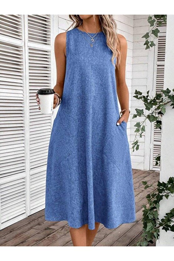 Kadın Kolsuz Bisiklet Yaka Cepli Midi Keten Elbise