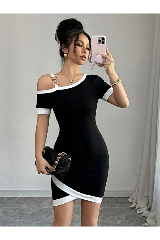 Kadın Kısa Kollu Asimetrik Kesim Yaka şerit Ve Aksesuar Detaylı Modal Elbise