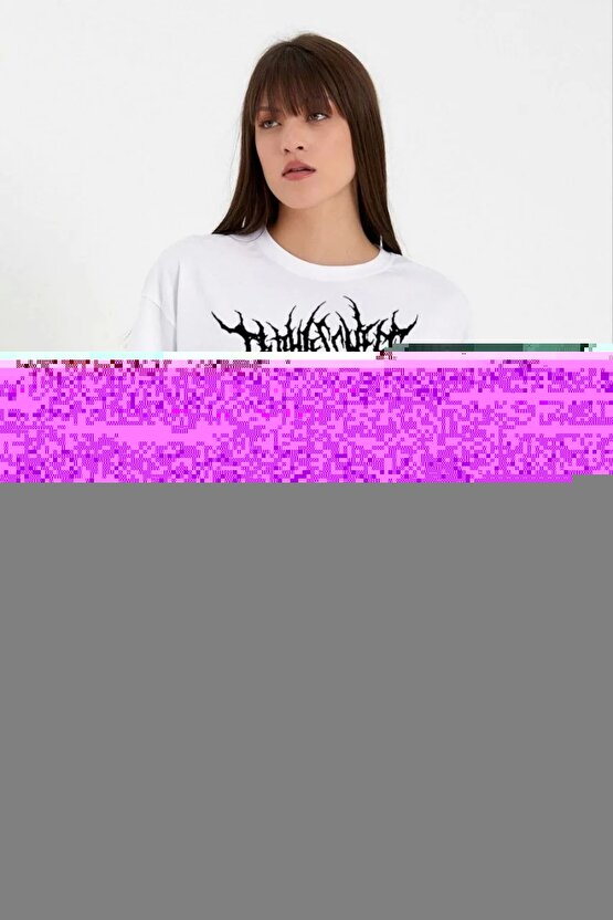 Unisex Bisiklet Yaka Baskılı Oversize T-Shirt - Beyaz