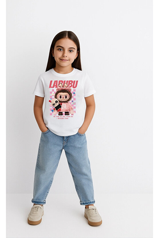 Kız Labubu Çocuk Baskılı T-Shirt - Beyaz