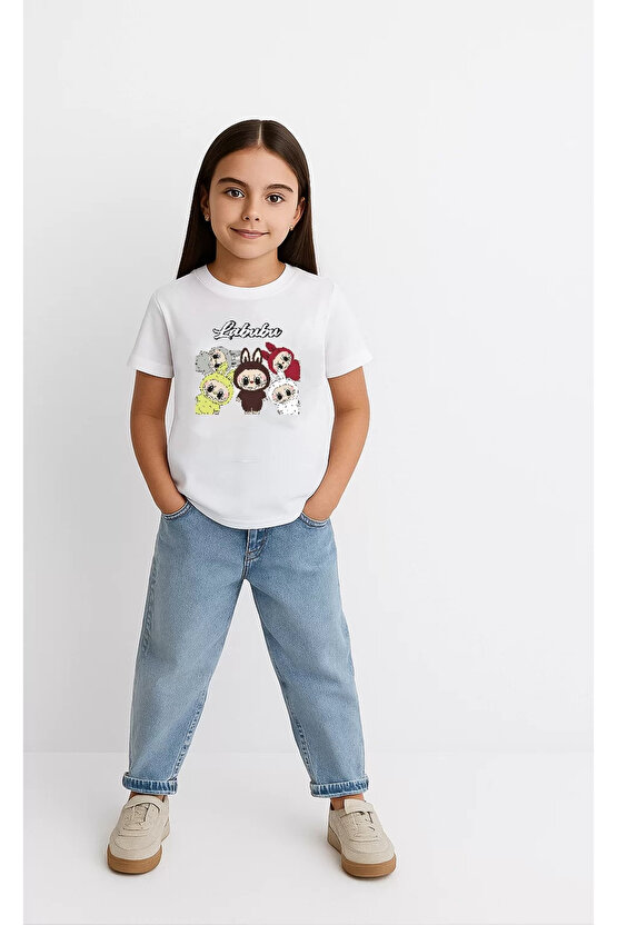 Kız Labubu Çocuk Baskılı T-Shirt - Beyaz