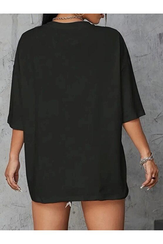 201 Penye Compack Baskılı Oversize Kahve Desenli Kadın Kısa Kol Yazlık T-shirt - Siyah