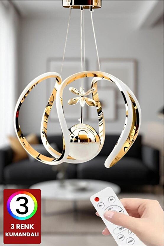 Kumandalı LED avize toplu damla 3 renk gold, salon, oturma ve yatak odası için ideal