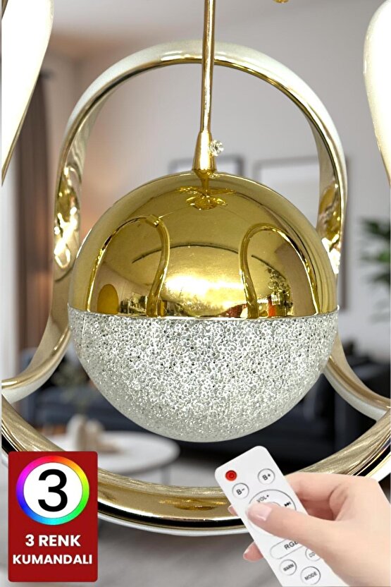 Kumandalı LED avize toplu damla 3 renk gold, salon, oturma ve yatak odası için ideal