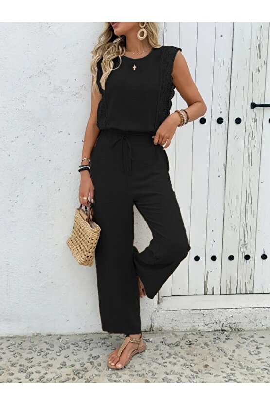 Kadın Kolsuz Bisiklet Yaka Aerobin Bluz Ve Bağcıklı Pantolon