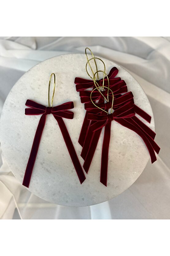 5 Adet Yeniyıl Yılbaşı Ağaç Süsü Hediye Paketi Altın İpli Bordo Kadife El Yapımı İkili Fiyonk