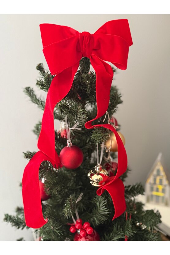 Büyük Kırmızı Kadife Fiyonk Kurdele Ağaç Süsü Yeni yıl,Yılbaşı,Dekor