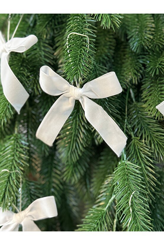 5 Adet Yeniyıl Yılbaşı Ağaç Süsü Beyaz Kadife El Yapımı Fiyonk