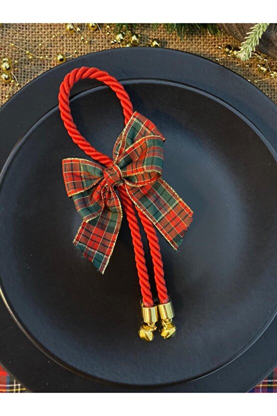 6lı Set Ekose Fiyonklu Yılbaşı Noel Temalı Peçete Halkası