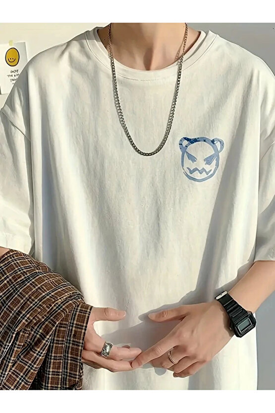201 Penye Compack Bisiklet Yaka Kore tarzı sevimli ayı baskı Kısa Kol Erkek t-shirt - Beyaz