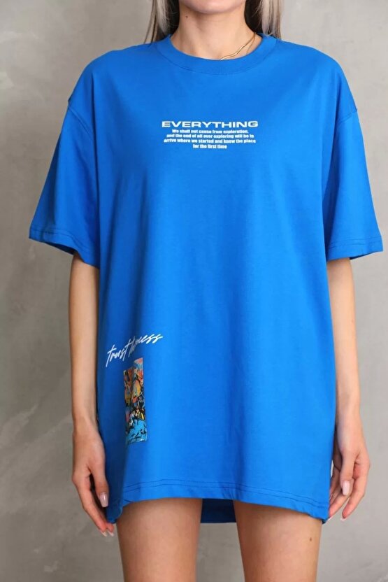 Unisex Bisiklet Yaka Baskılı Oversize T-Shirt - Mavi