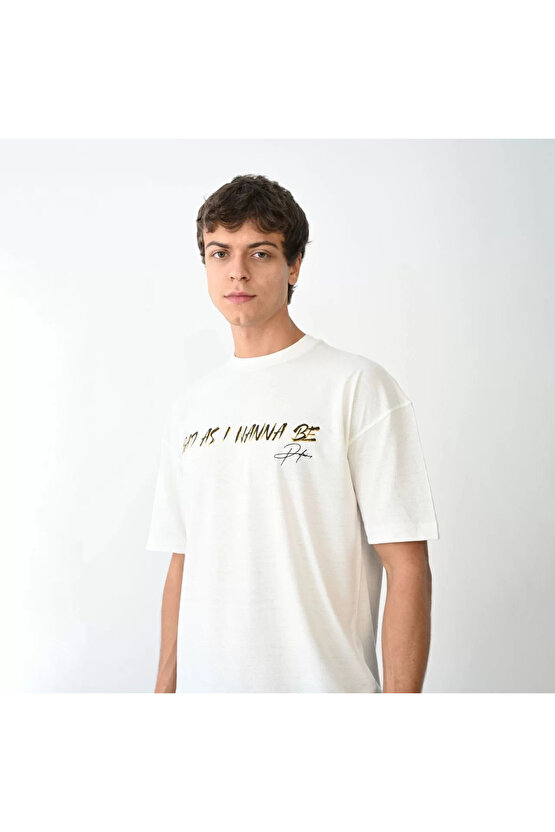 Unisex Bisiklet Yaka Baskılı Oversize T-Shirt - Beyaz