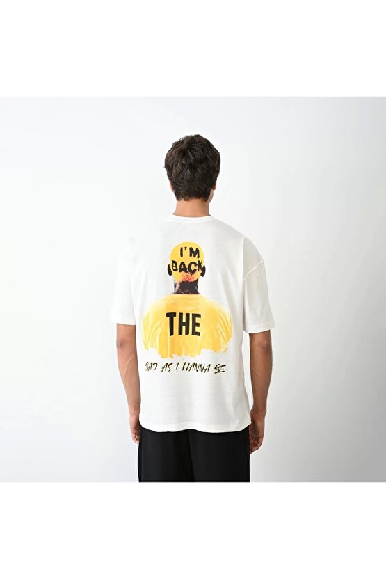 Unisex Bisiklet Yaka Baskılı Oversize T-Shirt - Beyaz