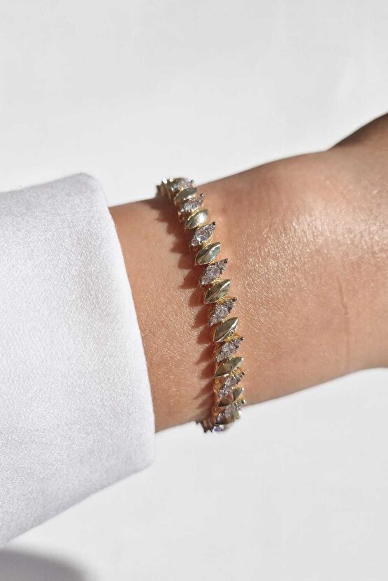 14K Altın Kaplama Kuyumcu Model Sıralı Taşlı Gold Bileklik