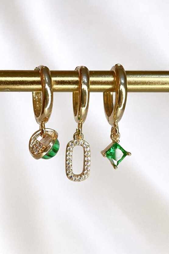 Üçlü Yeşil Zirkon Taşlı Gold Küpe