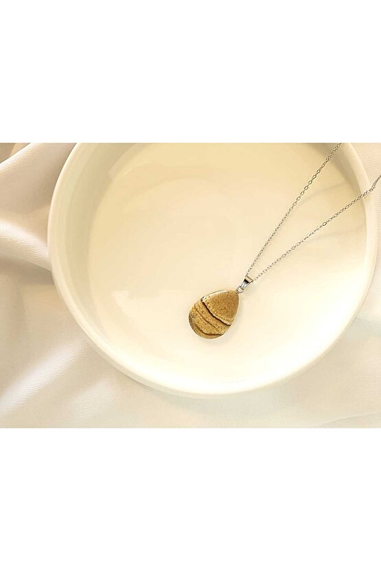 Doğal Jasper Taşı Oval Çelik Kolye