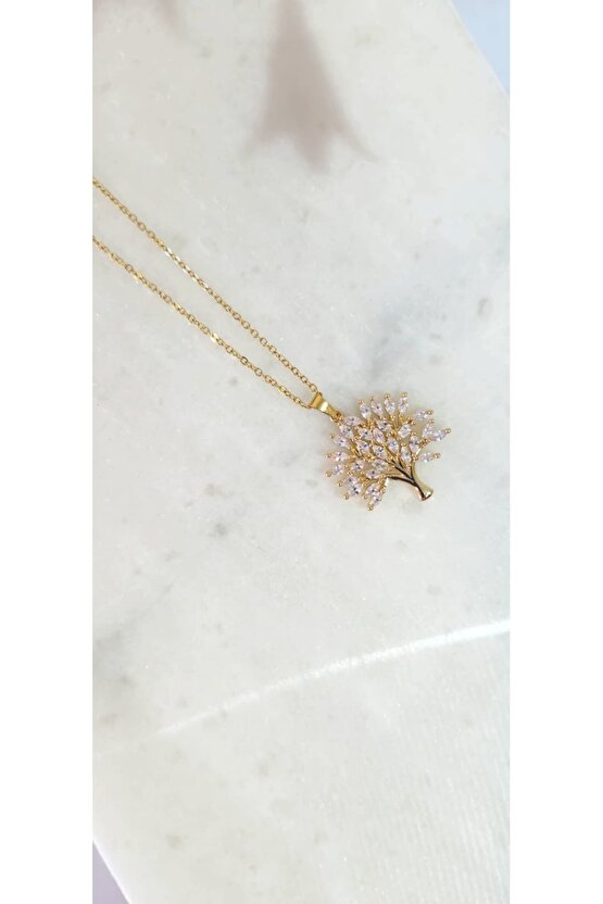 Vip Çelik Gold Renk Zirkon Taşlı Hayat Ağacı Kolye