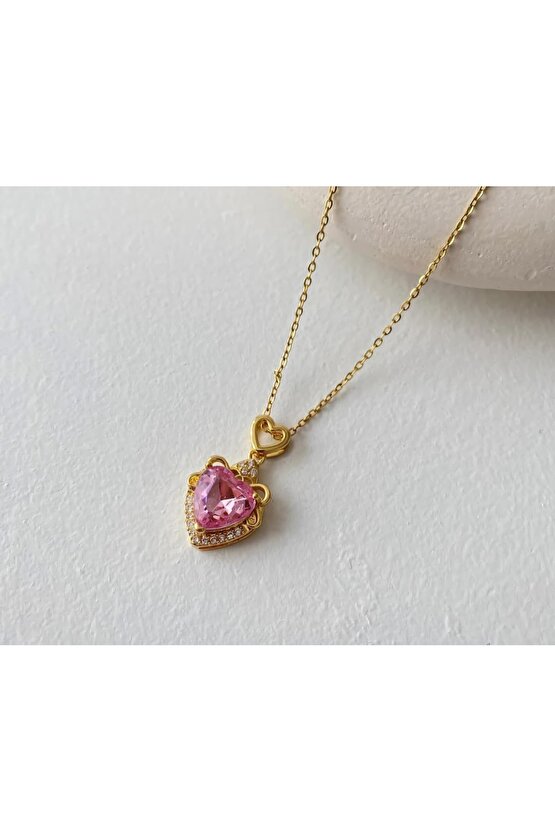 Pembe Kalp Zirkon Taşlı Çelik Kolye