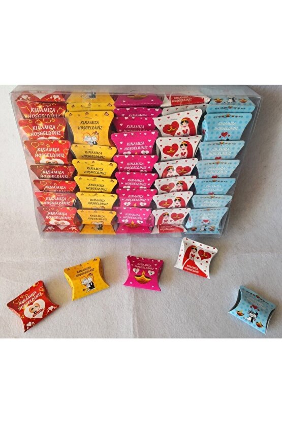 Kına Gecesi Karışık Renk 100lü Çiklet Kına Asetat Kutulu 100 Adet Karışık Renk Çiklet Kına