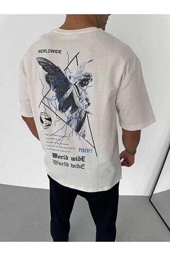 Unisex Bisiklet Yaka Baskılı Oversize T-Shirt - Beyaz