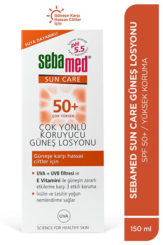 Sun Care SPF 50+ UVAUVB Filtresi ve E Vitamini Üçlü Yüksek Koruma Çok Yönlü Güneş Losyonu 150 ml