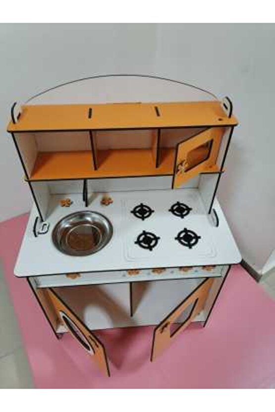 Montessori Eğitici Ahşap Oyuncak Mutfak Dolabı 6mm Turuncu 80x60