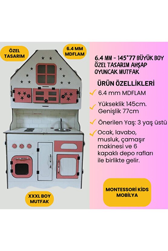 Ahşap Oyuncak Mutfak, Oyuncak Mutfak, Özel Tasarım Büyük Boy Ahşap Oyuncak Mutfak Pembe-beyaz