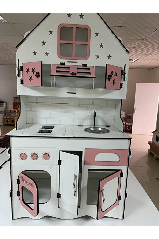 Ahşap Oyuncak Mutfak, Oyuncak Mutfak, Özel Tasarım Büyük Boy Ahşap Oyuncak Mutfak Pembe-beyaz