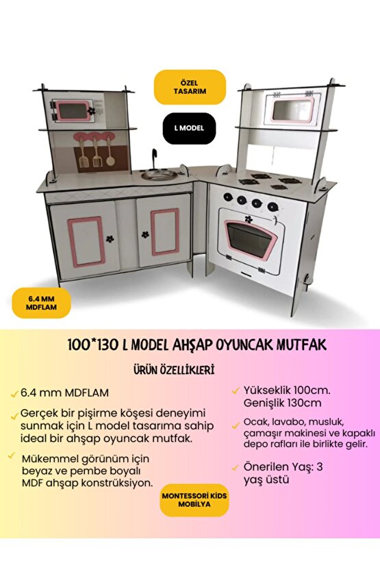 Ahşap Oyuncak Mutfak, L Model, Oyuncak Mutfak, Montessori Mutfak, Mutfak Seti Oyuncak