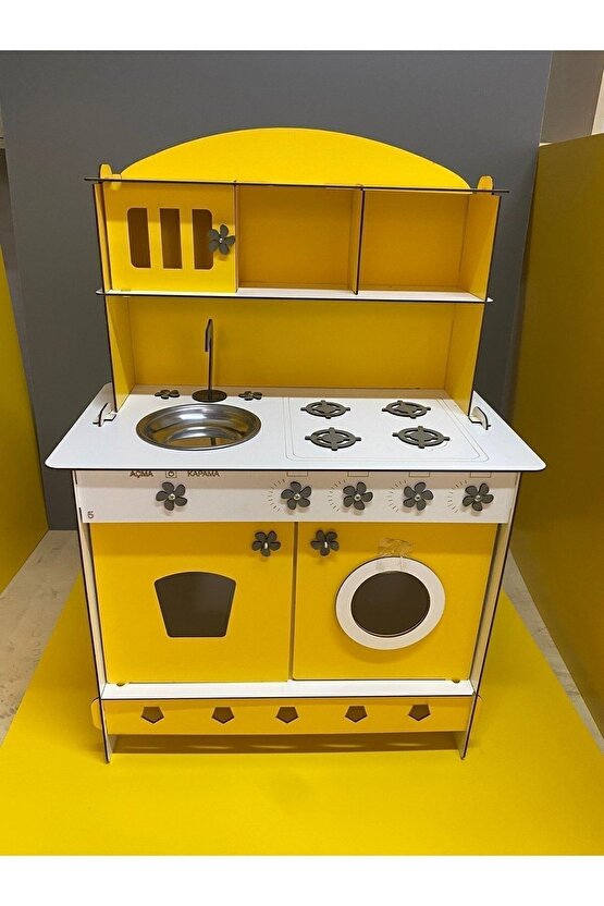 Montessori Eğitici Ahşap Çocuk Oyuncak Mutfak Dolabı Sarı 3 Mm 84x60 Cm