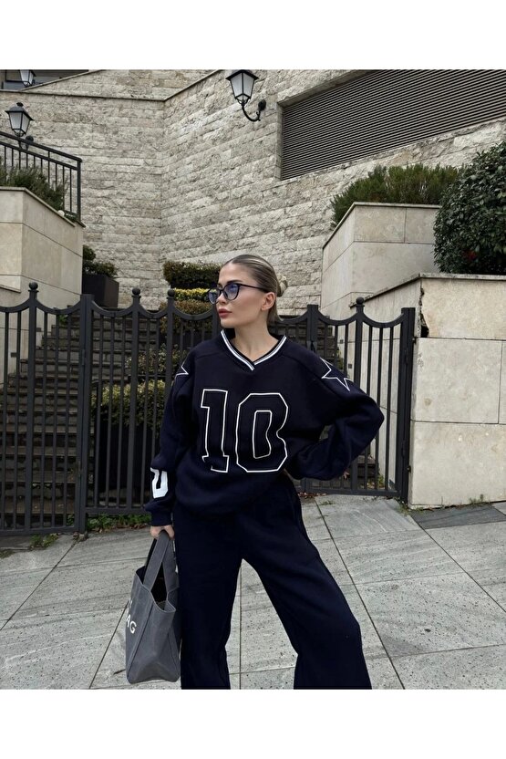 V Yaka Üç İplik Sweat Takım - Siyah