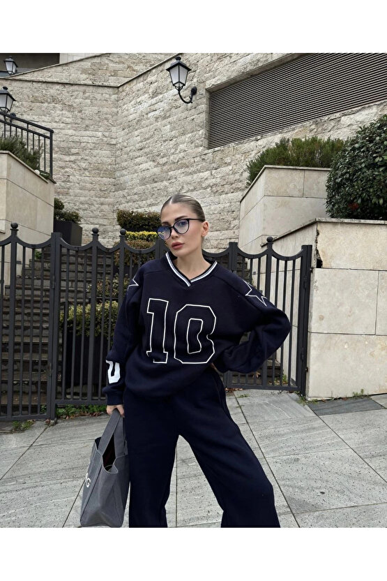 V Yaka Üç İplik Sweat Takım - Siyah