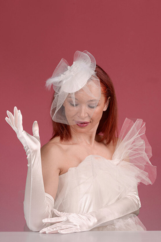 Kırık Beyaz Dantelli Gelin Kepi Nikah Şapkası Ve Saten Uzun Gelin Eldiveni  Kombin Set