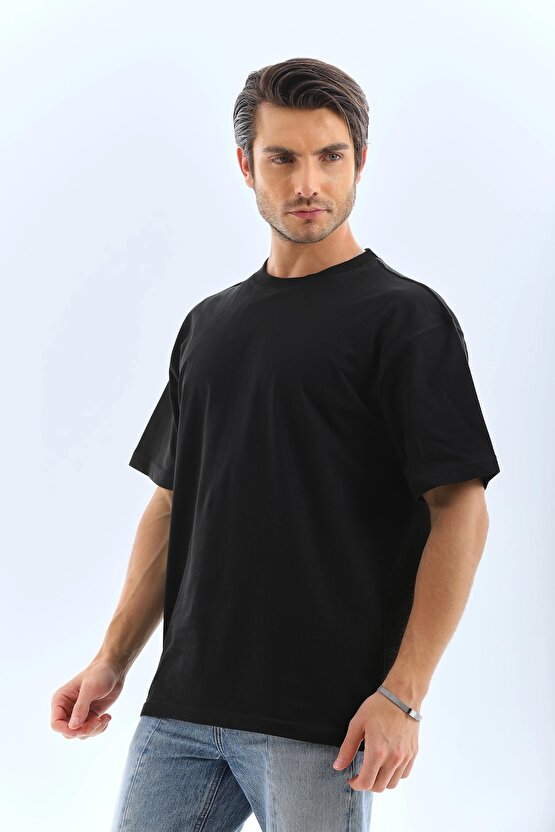 Unisex Oversize Düz Bisiklet Yaka T-Shirt - Siyah