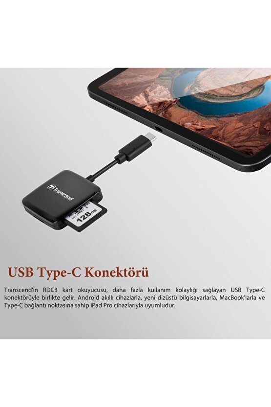 TS-RDC3 SDmicroSD, USB 3.2 Gen 1, Siyah, Type C Kart Okuyucu