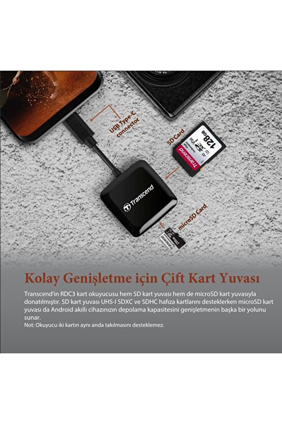 TS-RDC3 SDmicroSD, USB 3.2 Gen 1, Siyah, Type C Kart Okuyucu