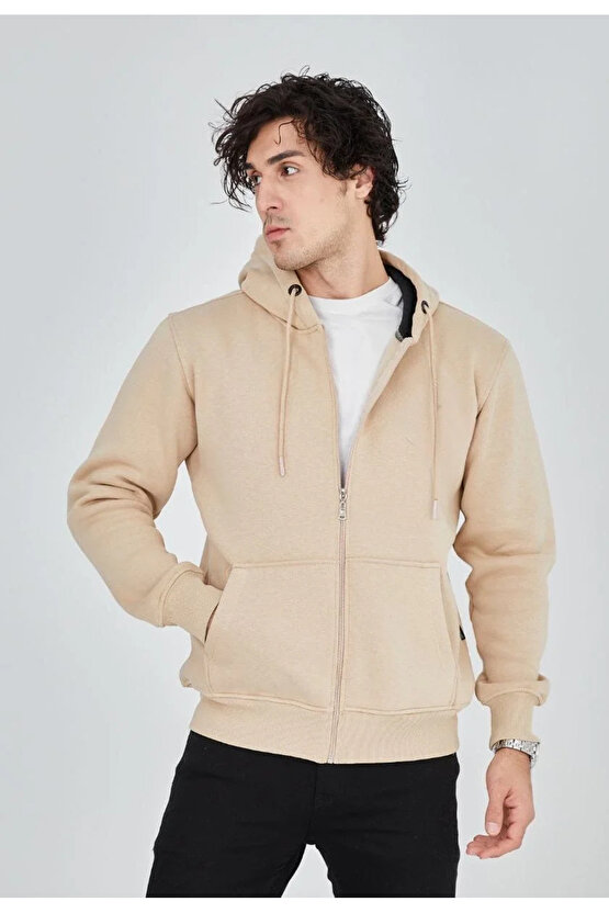 Unisex Tam Fermuarlı Kapşonlu SweatShirt - Bej