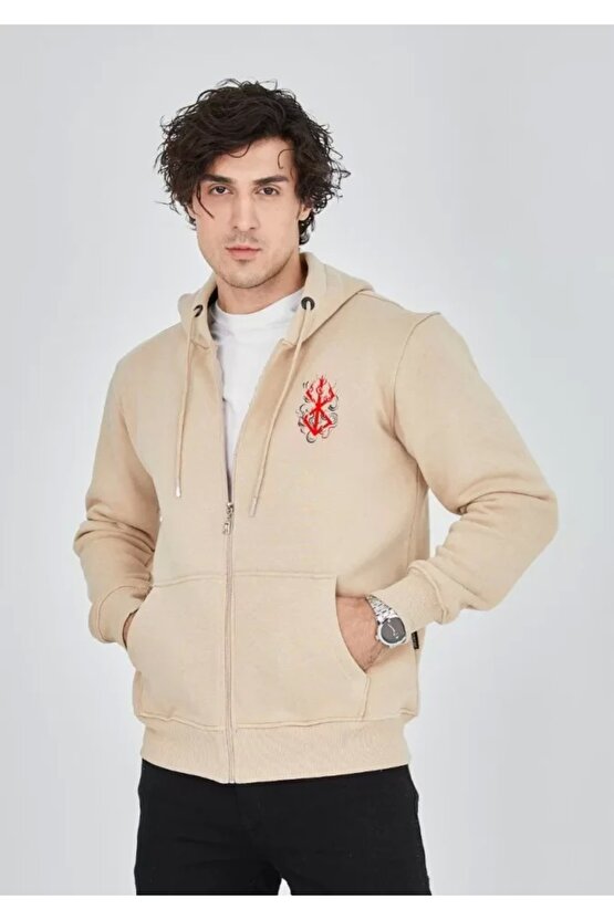 Unisex Baskılı Tam Fermuarlı Kapşonlu SweatShirt - Bej
