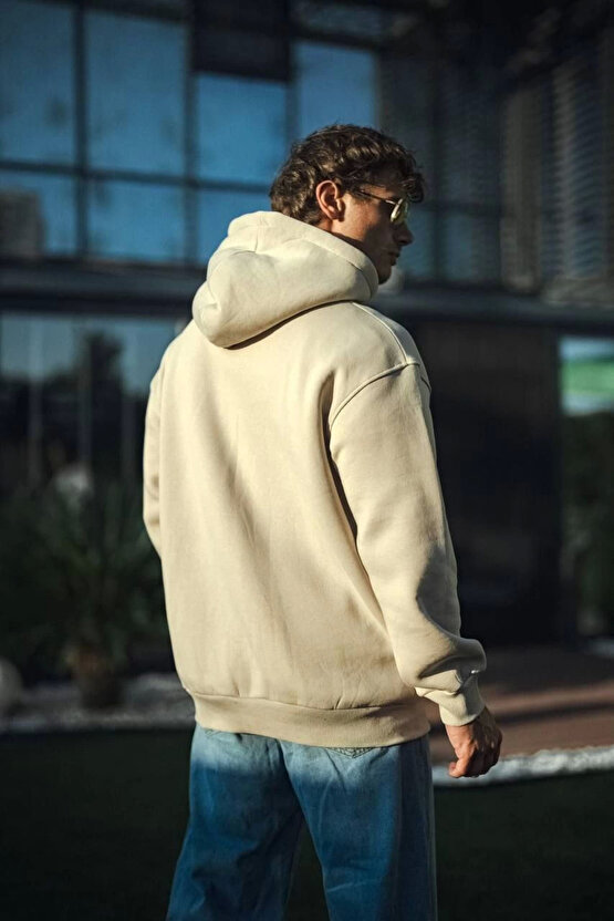 Üç İplik Penye kapüşonlu Basic SweatShirt - Bej