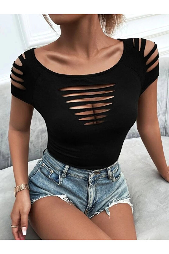 Kadın Kısa Kollu Omuz Ve Göğüs Lazer Kesik Detay Viskon Bluz